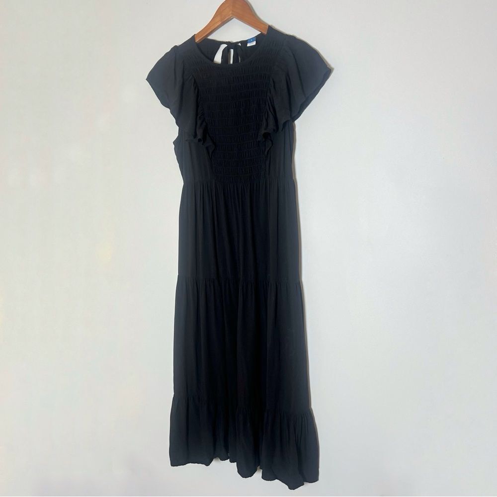 Old Navy Black Smocked Midi Dress Flutter Sleeve Tiered Fit & Flare Women's - Picture 2 of 7